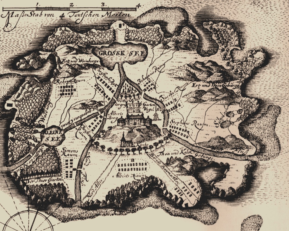 Map of “Insel Felsenburg” (Felsenburg island) by Johann Gottfried Schnabel, 1731.